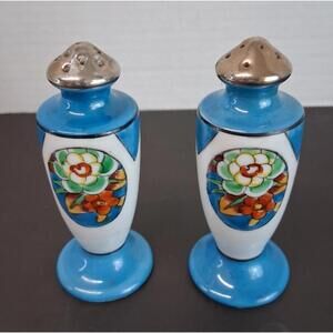 Japan Ceramic Salt Pepper Shakers 4" Height Blue Floral Art Deco VTG 1921-1941